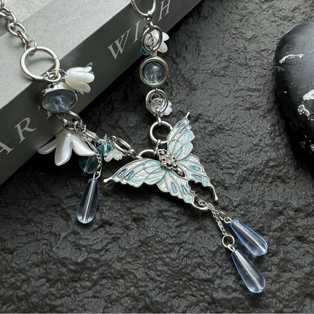 Blue Crystal Butterfly Flower Choker Necklace - Picture 4 of 5